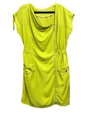 Monnari lime tencel asymmetrical ruched zip Lagenlook dress Fits 14ish